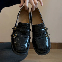 High Quality Patent Leather Loafers Women Double Narrow Band Buckle Designer Shoes