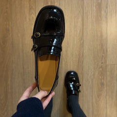 High Quality Patent Leather Loafers Women Double Narrow Band Buckle Designer Shoes