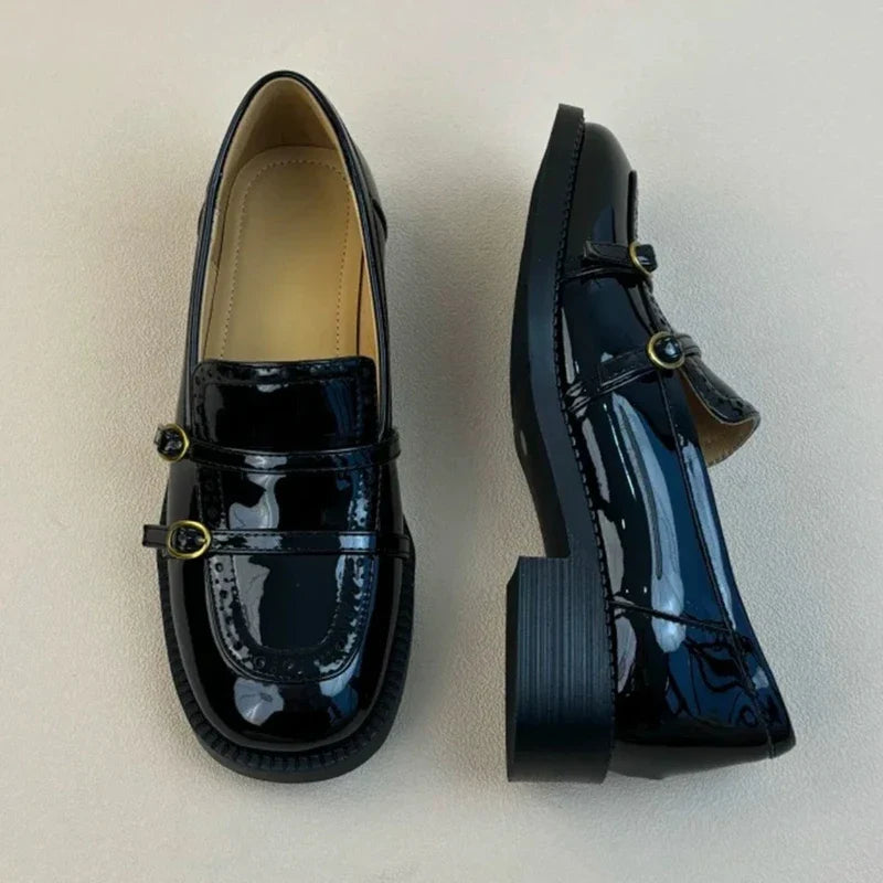 High Quality Patent Leather Loafers Women Double Narrow Band Buckle Designer Shoes