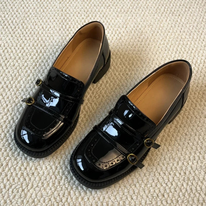 High Quality Patent Leather Loafers Women Double Narrow Band Buckle Designer Shoes