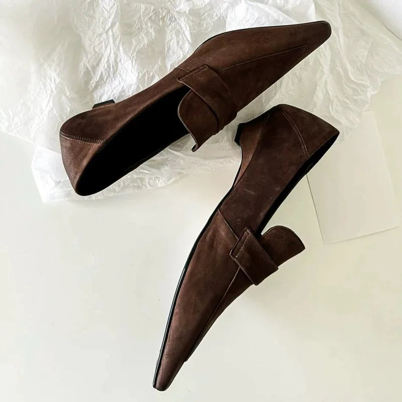 High-quality Black Soft Leather Low Heel Pumps Women Pointy Toe Sewing Design Loafers Elegant Commuting Office Shoes