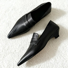 High-quality Black Soft Leather Low Heel Pumps Women Pointy Toe Sewing Design Loafers Elegant Commuting Office Shoes