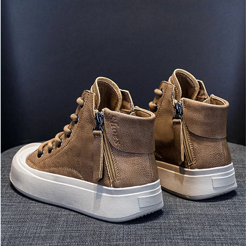 High-top Soft Leather Lace-up Ankle Boots