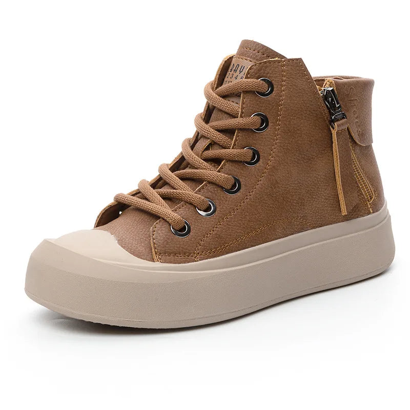 High-top Soft Leather Lace-up Ankle Boots