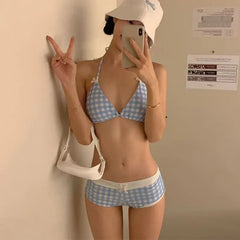 Korean Style Plaid Bikini Sweet & Two Piece Swimsuit Cute Set Backless Halter Pool