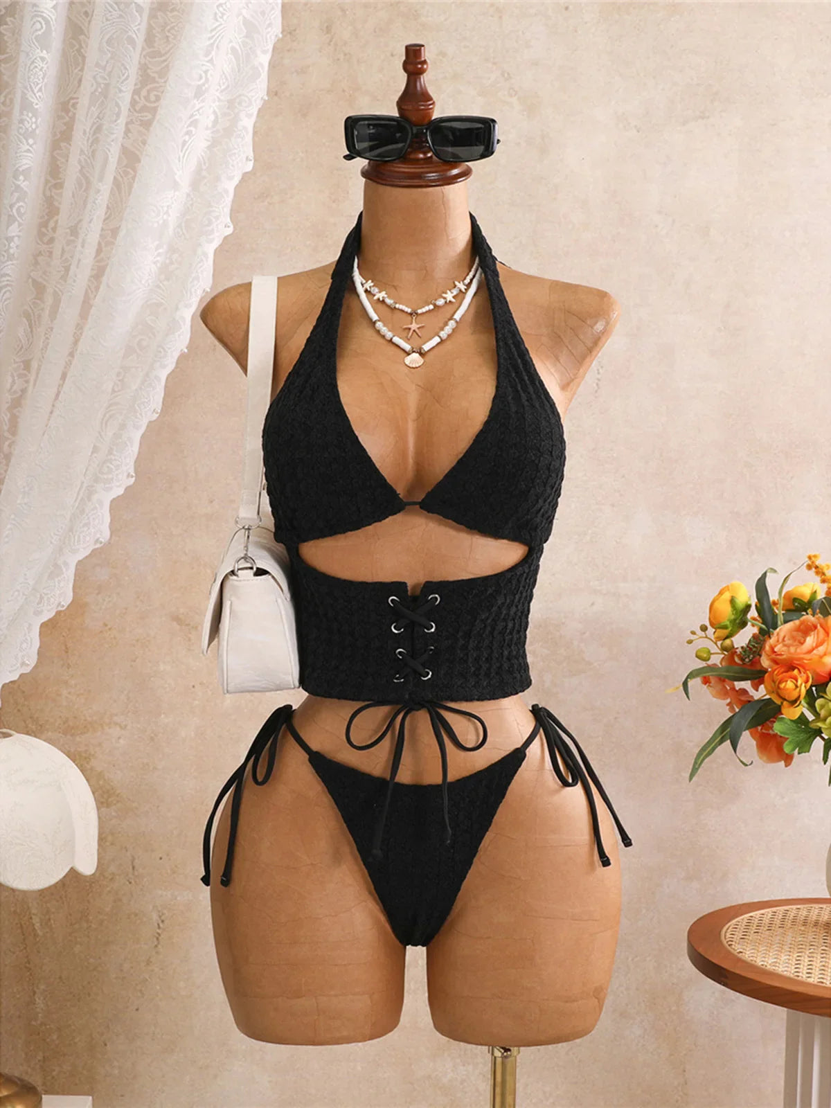 Lace Up Tankini Halter Bikini Two-pieces Bikini Set