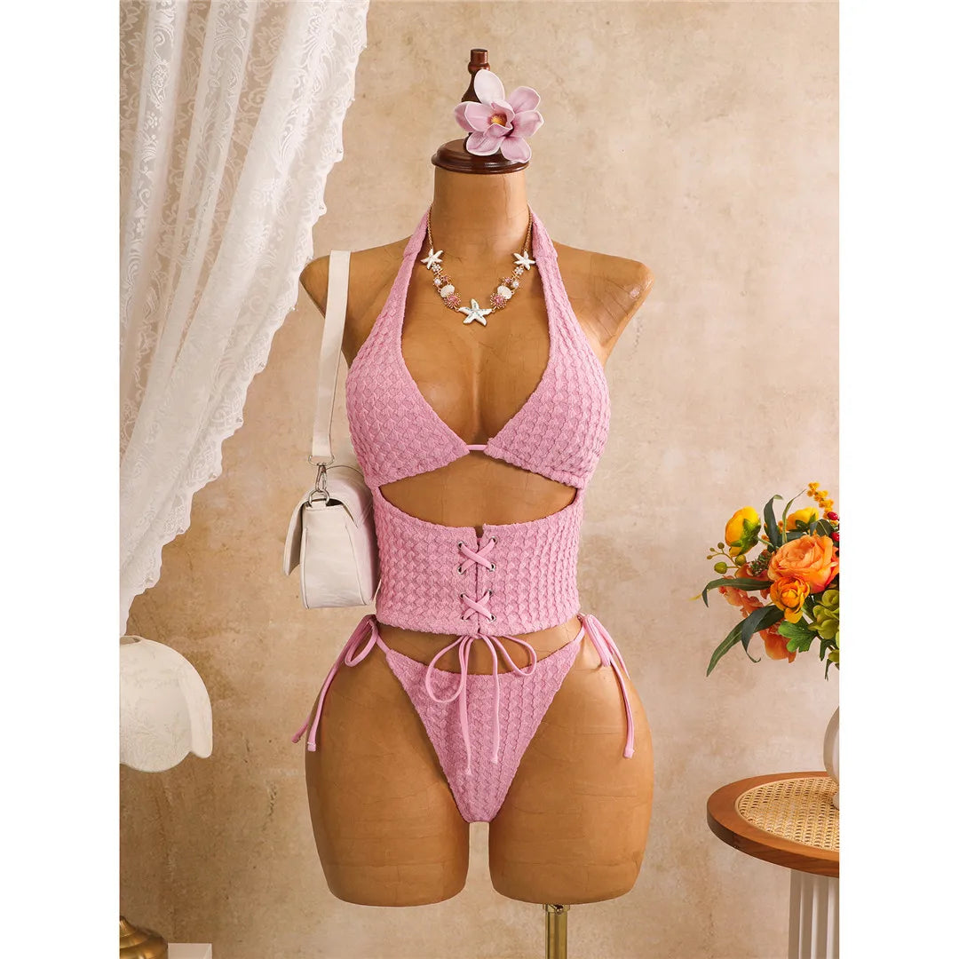 Lace Up Tankini Halter Bikini Two-pieces Bikini Set