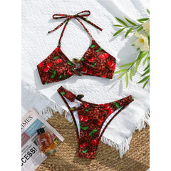 Leopard Cherry Printed Halter Bikini Two-pieces Bikini Set
