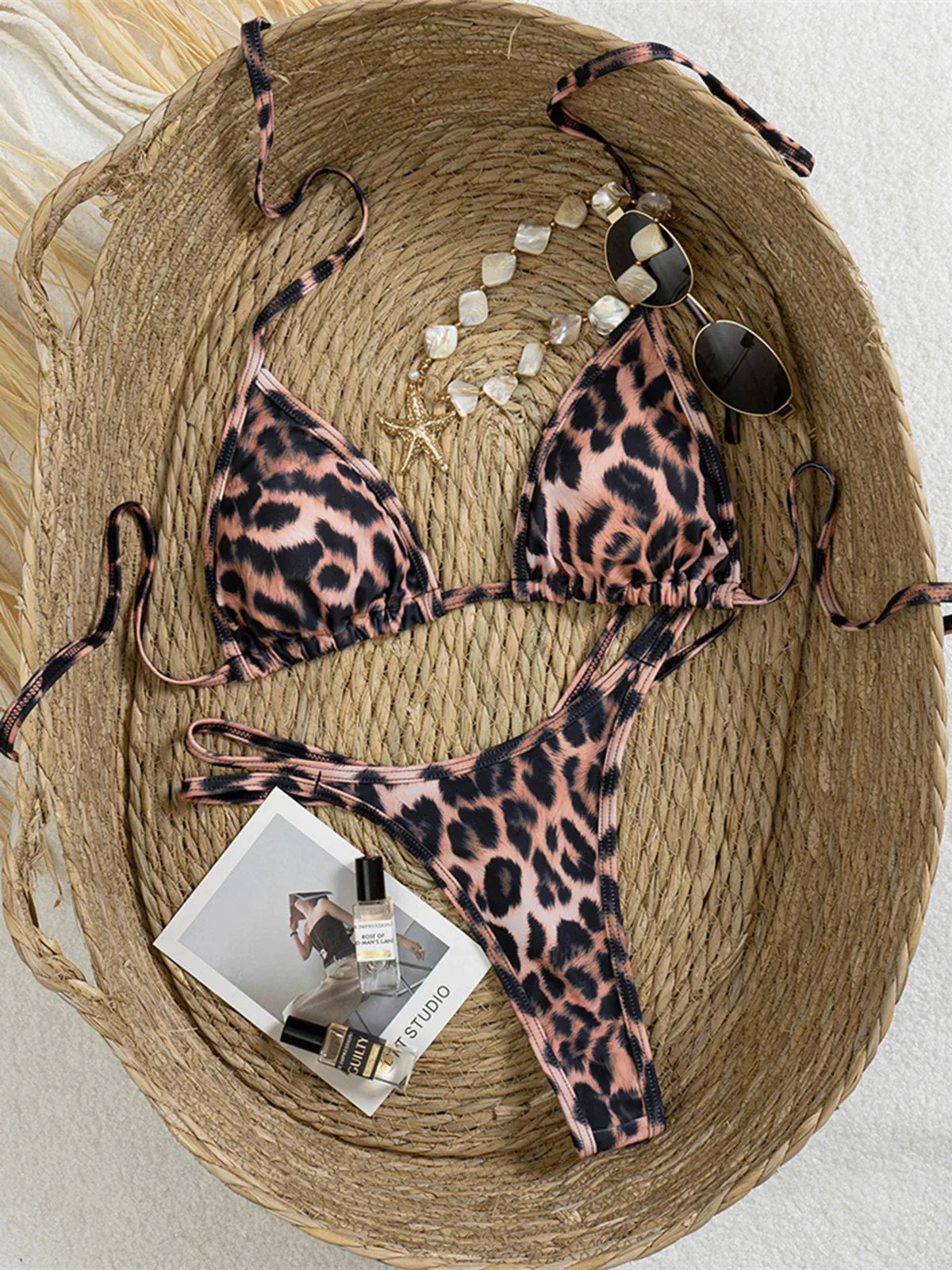 Leopard Halter Diamond Mini Thong Bikini Two-pieces Bikini Set