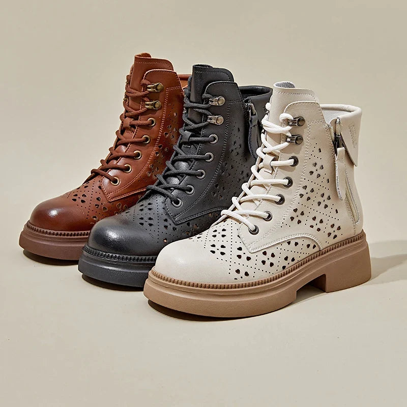 Luxury Leather Carved Ankle Boots