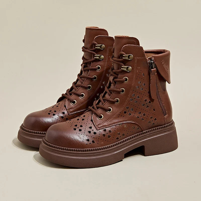 Luxury Leather Carved Ankle Boots