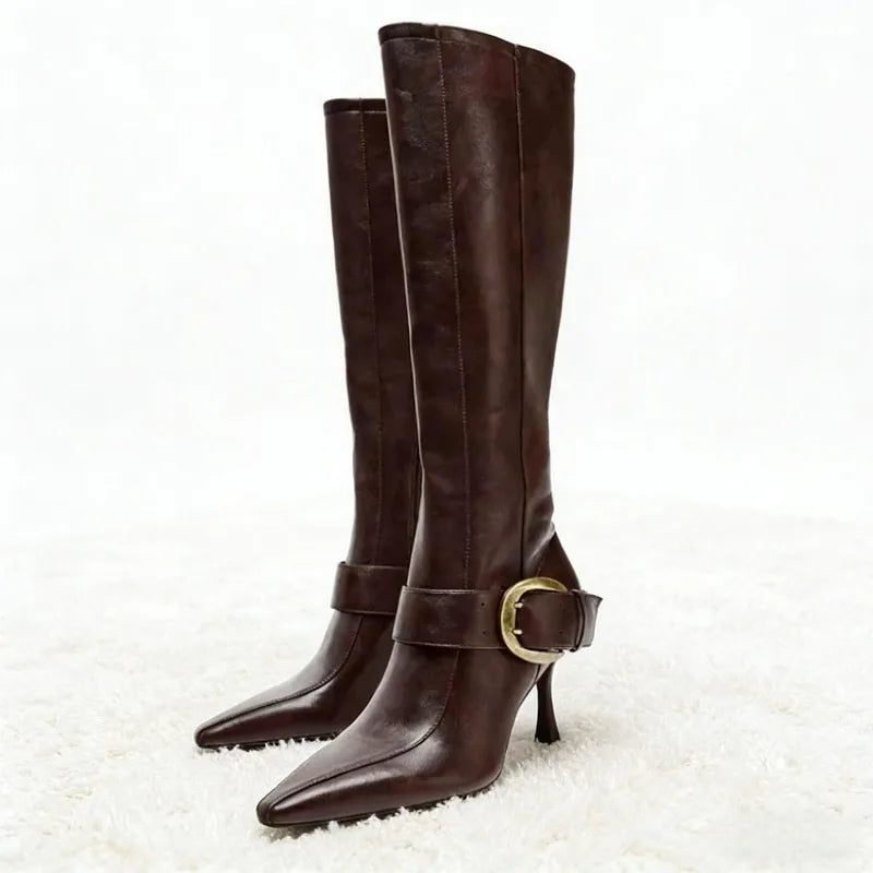 Luxury Metal Belt Buckle Decoration Knee Boots