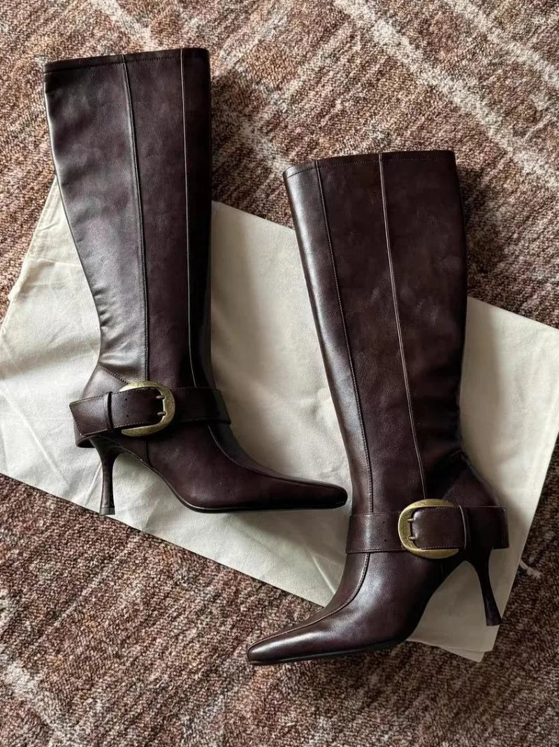 Luxury Metal Belt Buckle Decoration Knee Boots