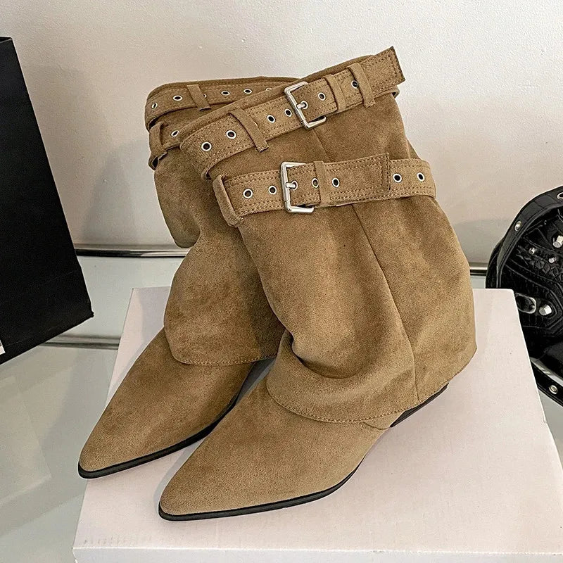 Luxury Metal Buckle Decorated Ankle Boots