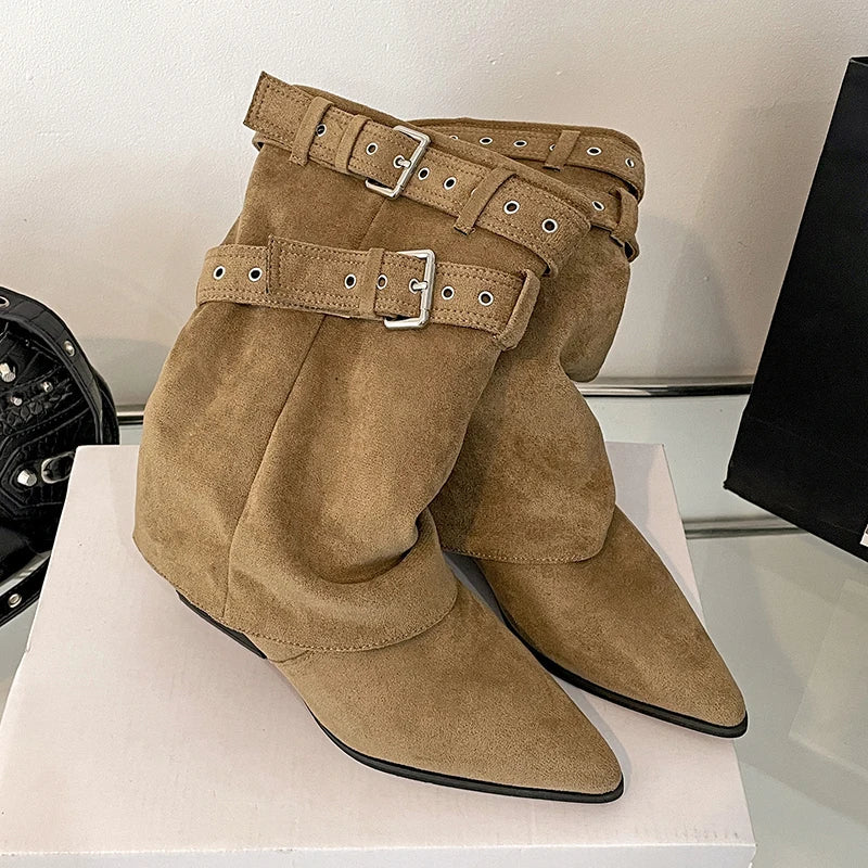 Luxury Metal Buckle Decorated Ankle Boots