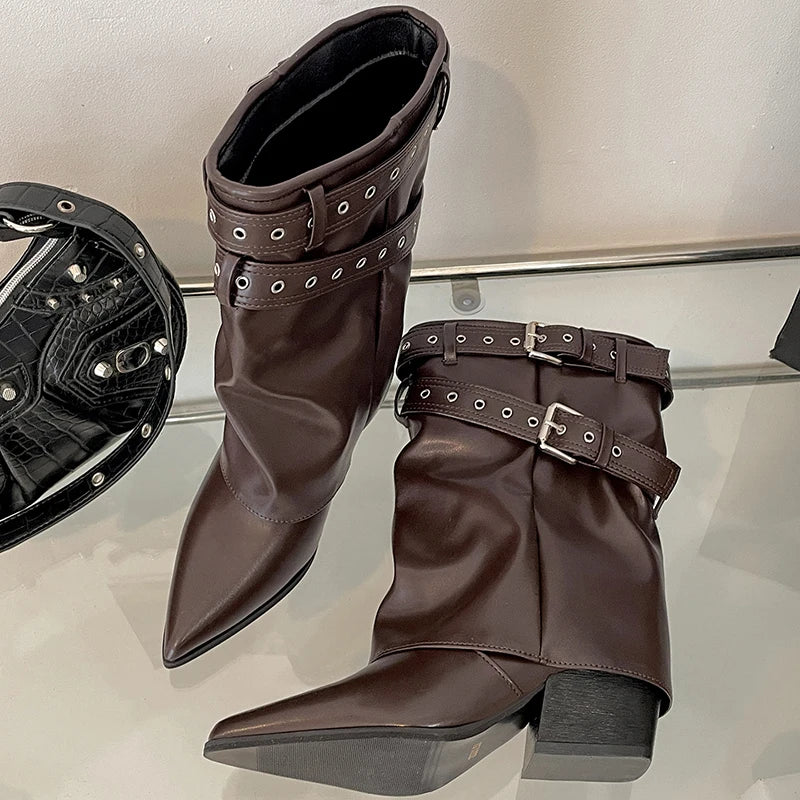Luxury Metal Buckle Decorated Ankle Boots