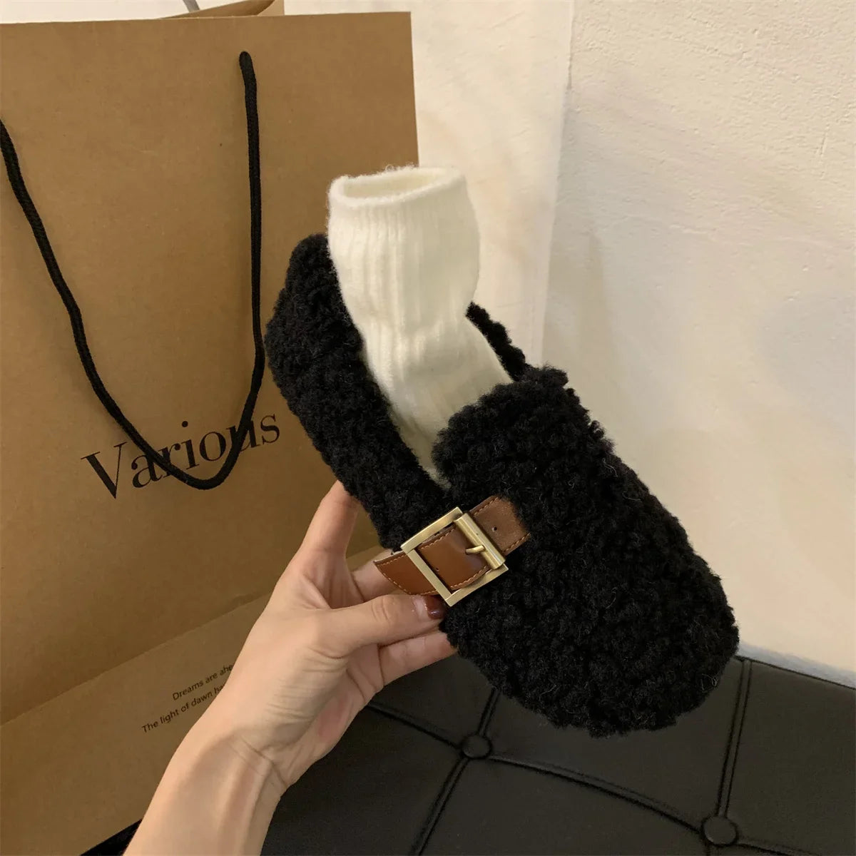 Luxury Sheep Fur Lined Loafers Women Lambswool Shoes