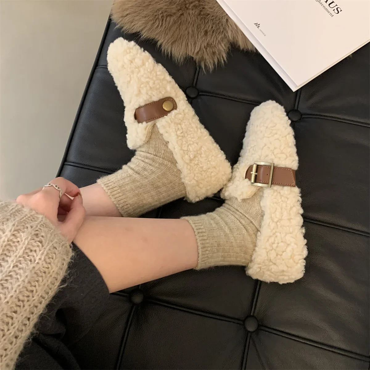 Luxury Sheep Fur Lined Loafers Women Lambswool Shoes