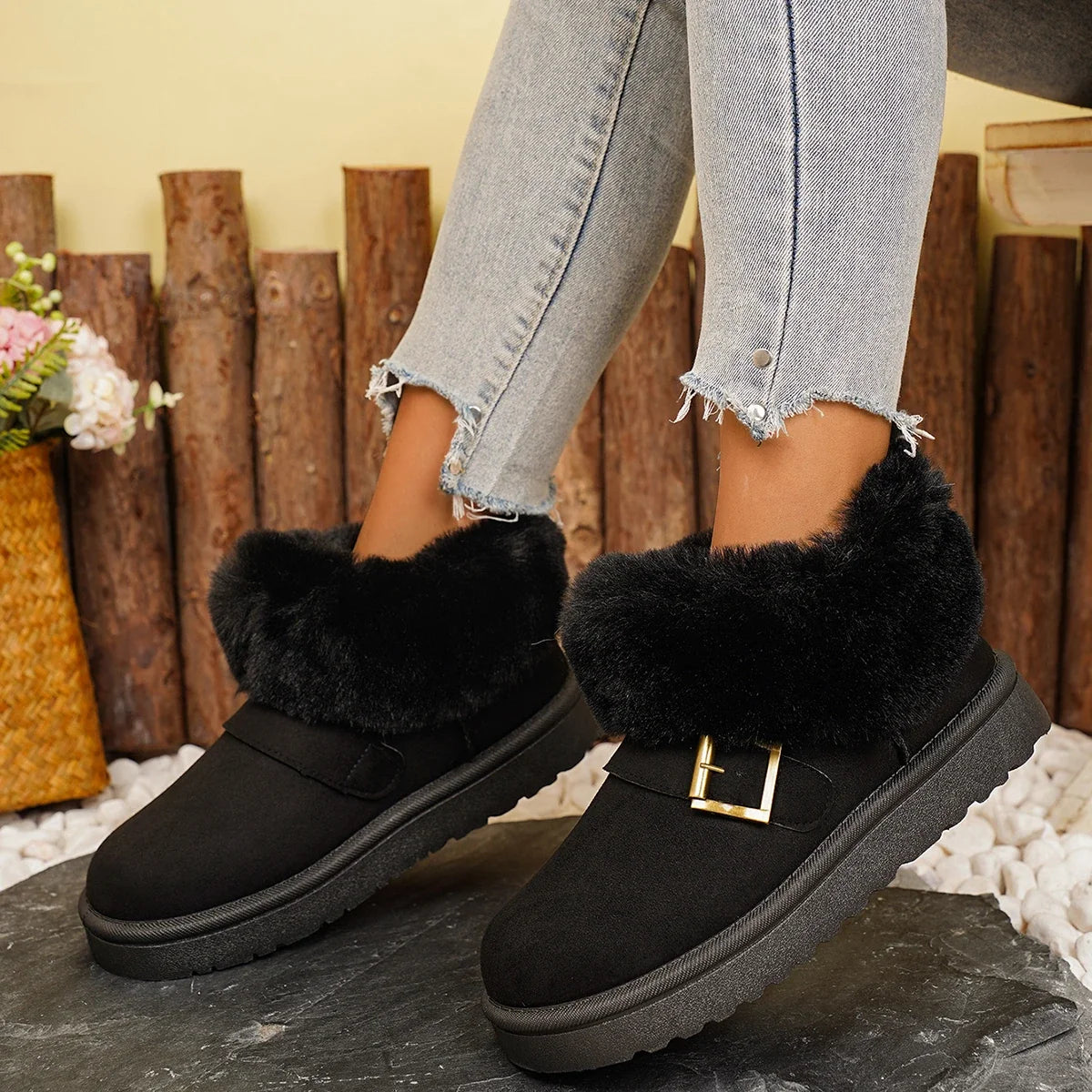Metal Belt Buckle Snow Boots