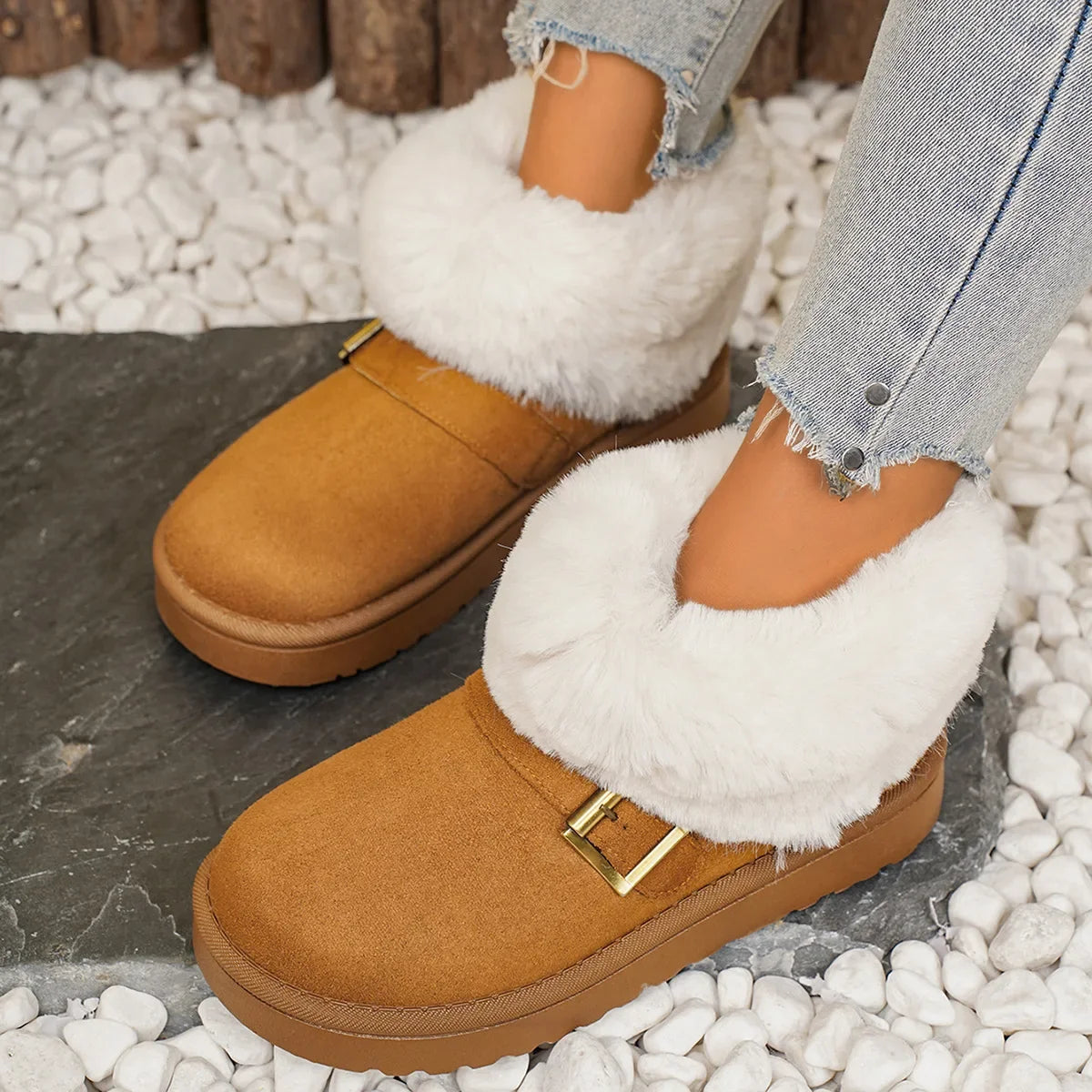 Metal Belt Buckle Snow Boots