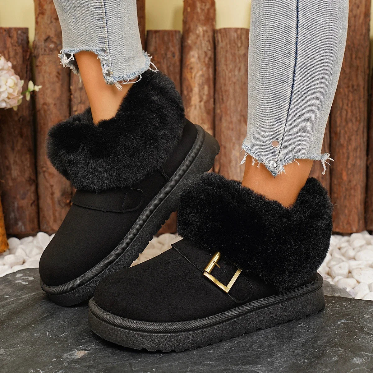 Metal Belt Buckle Snow Boots