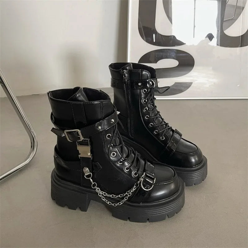 Metal Chain Patent Leather Punk Ankle Boots