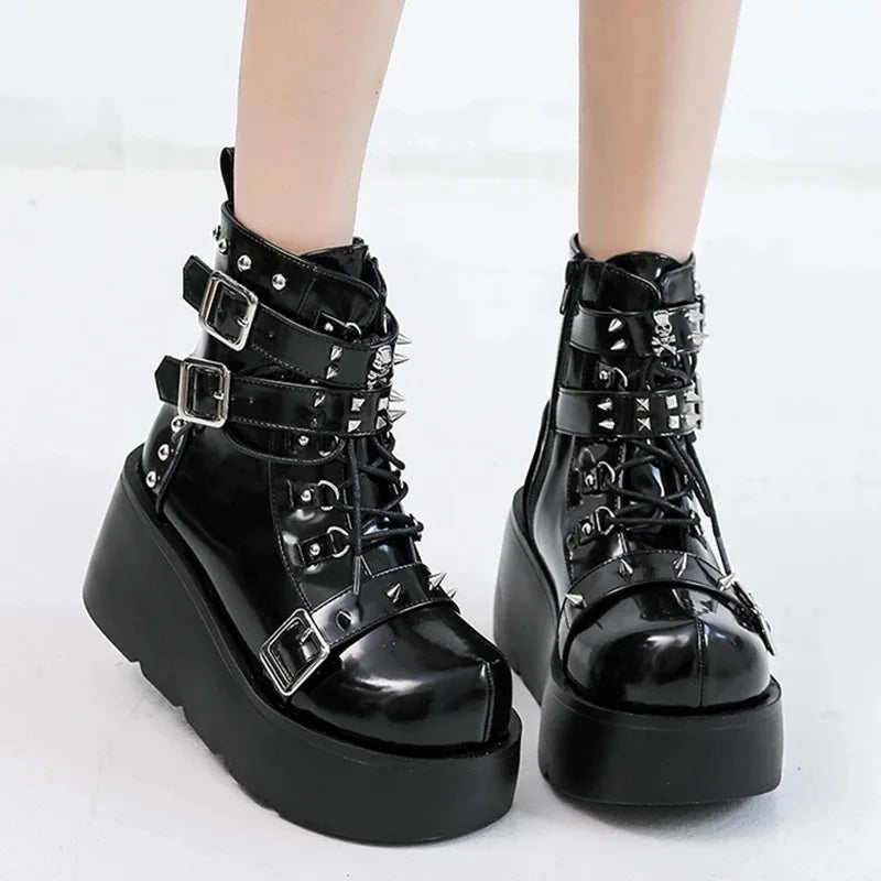 Metal Chain Patent Leather Punk Ankle Boots