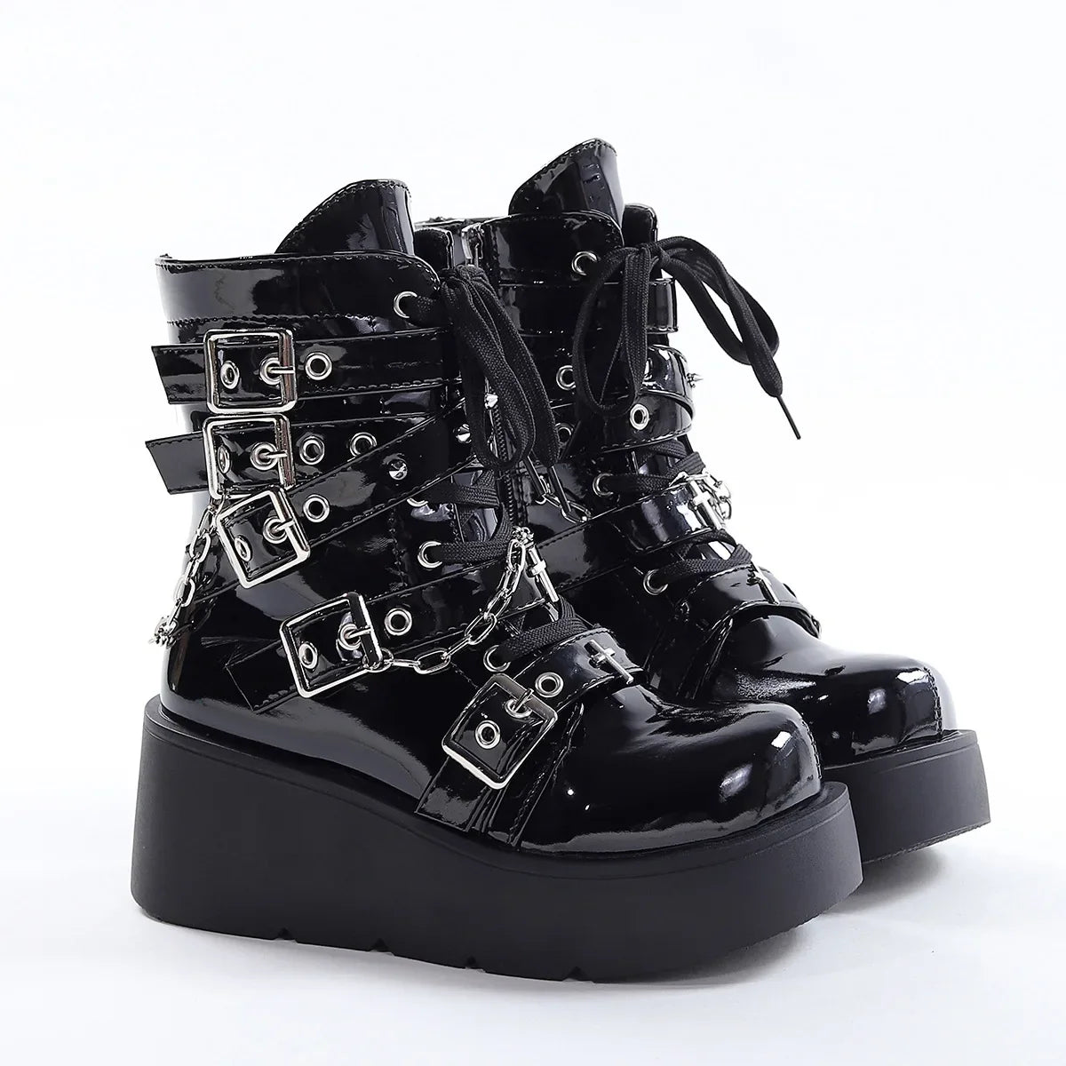 Metal Chain Patent Leather Punk Ankle Boots