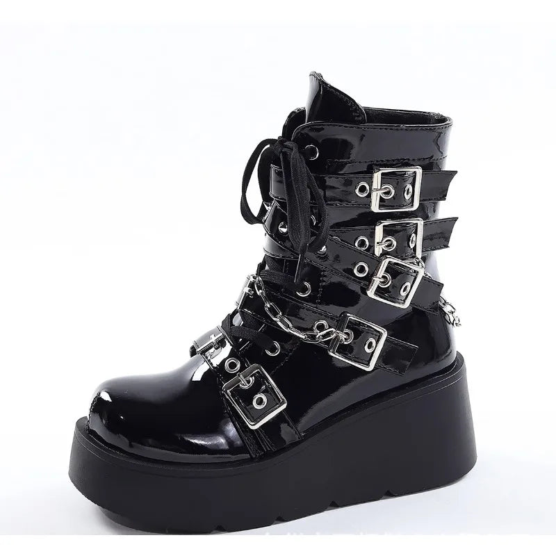 Metal Chain Patent Leather Punk Ankle Boots