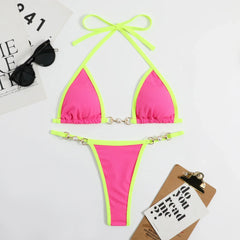 Metallic Finish Solid Color Two Piece Bikini Set Swimwear Bandage Thongs Set Bathing Suit