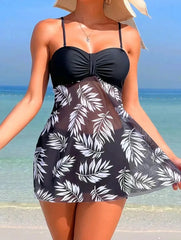 Modest Tankini Swim Dress Sheer Mesh Cover Up with Floral Print Conservative Two-Piece Swimwear High Neck Bathing Suit
