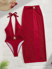 Monokini & Bikini Set for Deep V Neck Halter Backless Swimsuit with Bottom Solid Red Set