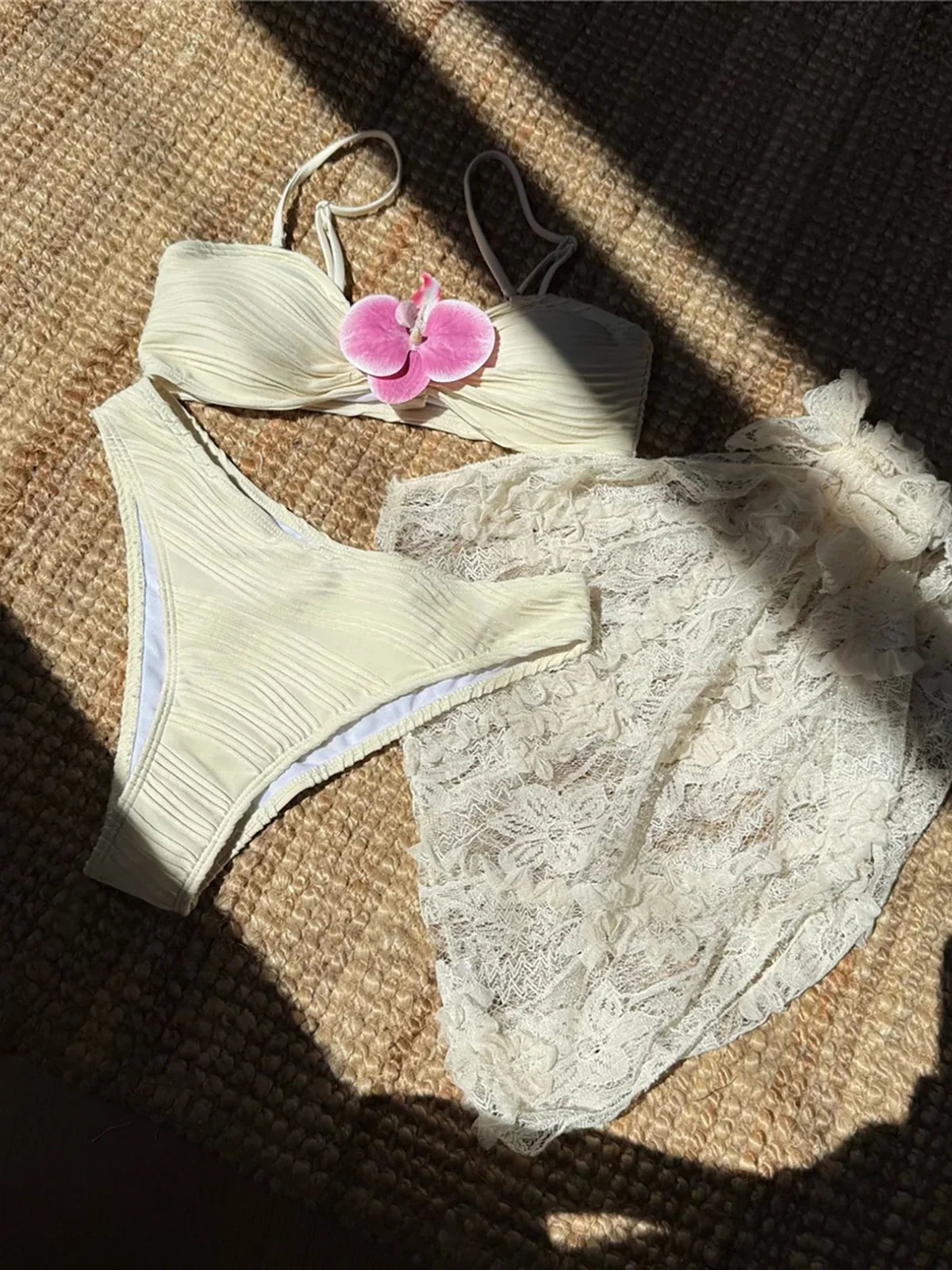 3D Flower With Sarong Bikini Three-pieces Bikini Set