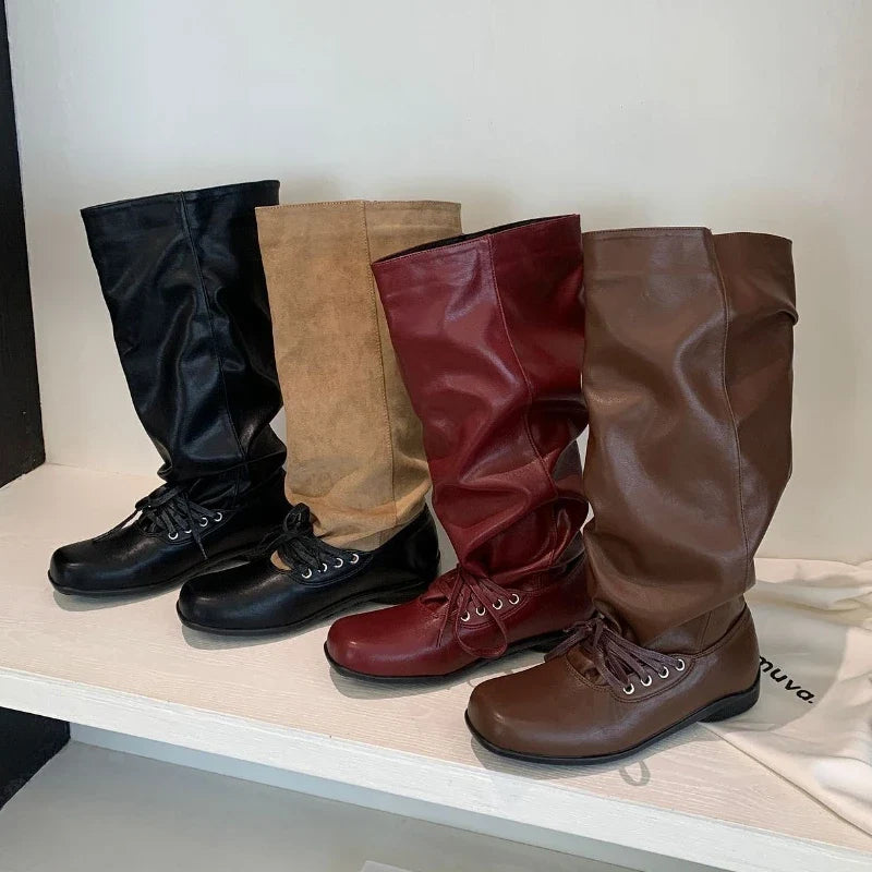 Lace Up Square Toe Street Style Women High Knight Boots