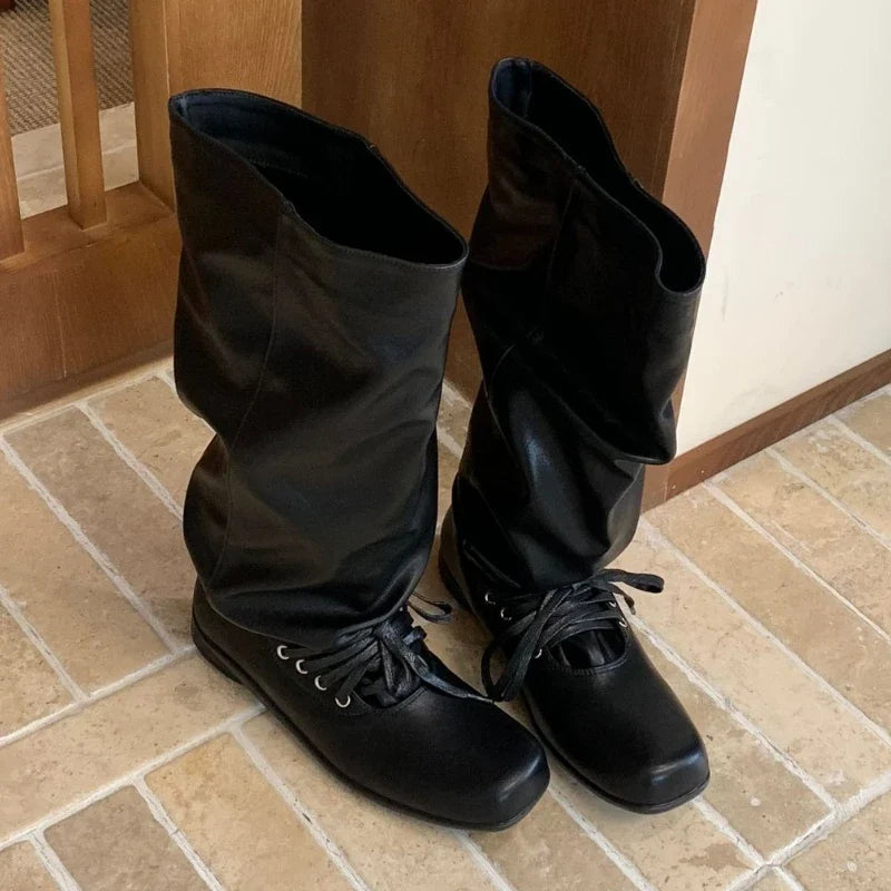 Lace Up Square Toe Street Style Women High Knight Boots