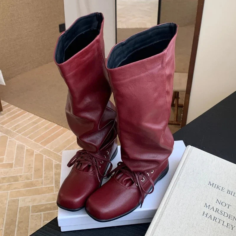 Lace Up Square Toe Street Style Women High Knight Boots
