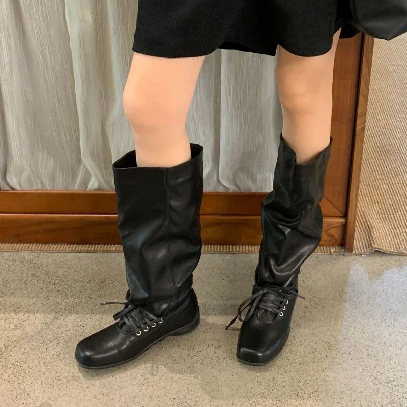 Lace Up Square Toe Street Style Women High Knight Boots