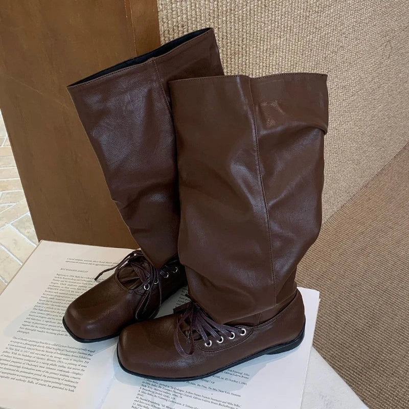 Lace Up Square Toe Street Style Women High Knight Boots