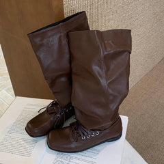 Lace Up Square Toe Street Style Women High Knight Boots