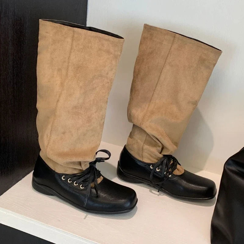 Lace Up Square Toe Street Style Women High Knight Boots