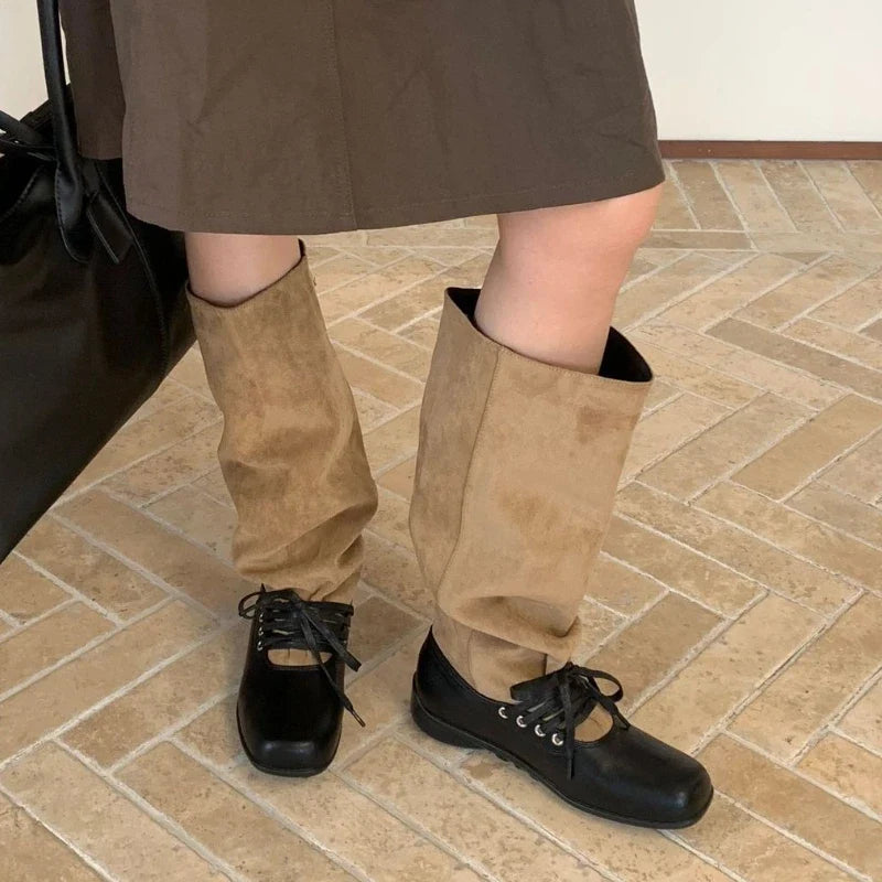 Lace Up Square Toe Street Style Women High Knight Boots