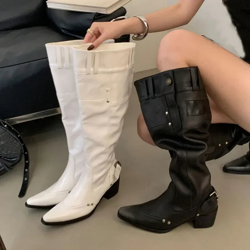 Rivet Belt Buckle Pointed Toe Long Boots