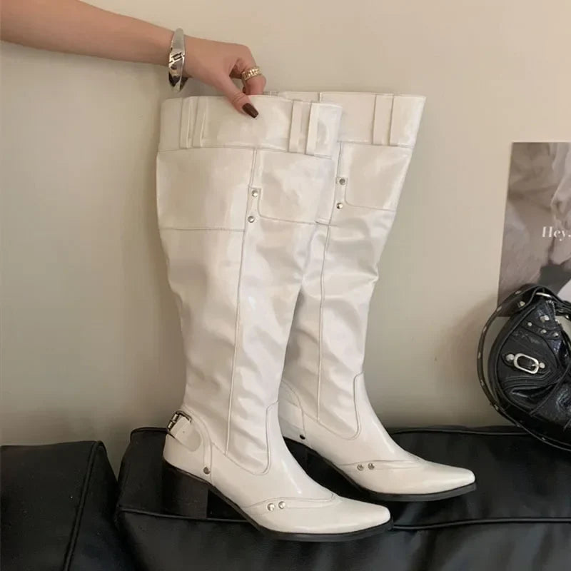 Rivet Belt Buckle Pointed Toe Long Boots