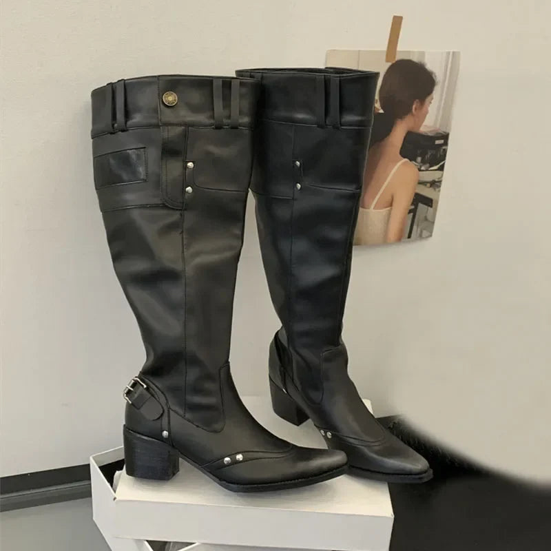 Rivet Belt Buckle Pointed Toe Long Boots
