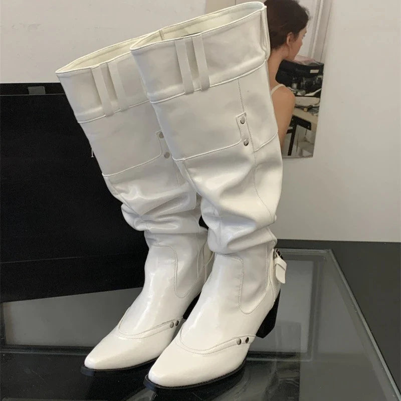 Rivet Belt Buckle Pointed Toe Long Boots