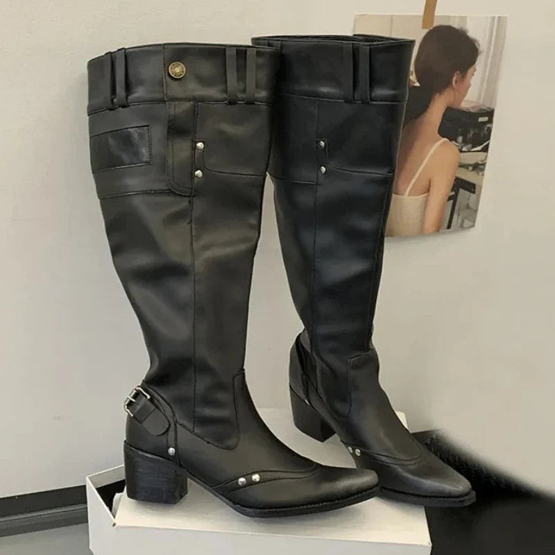 Rivet Belt Buckle Pointed Toe Long Boots