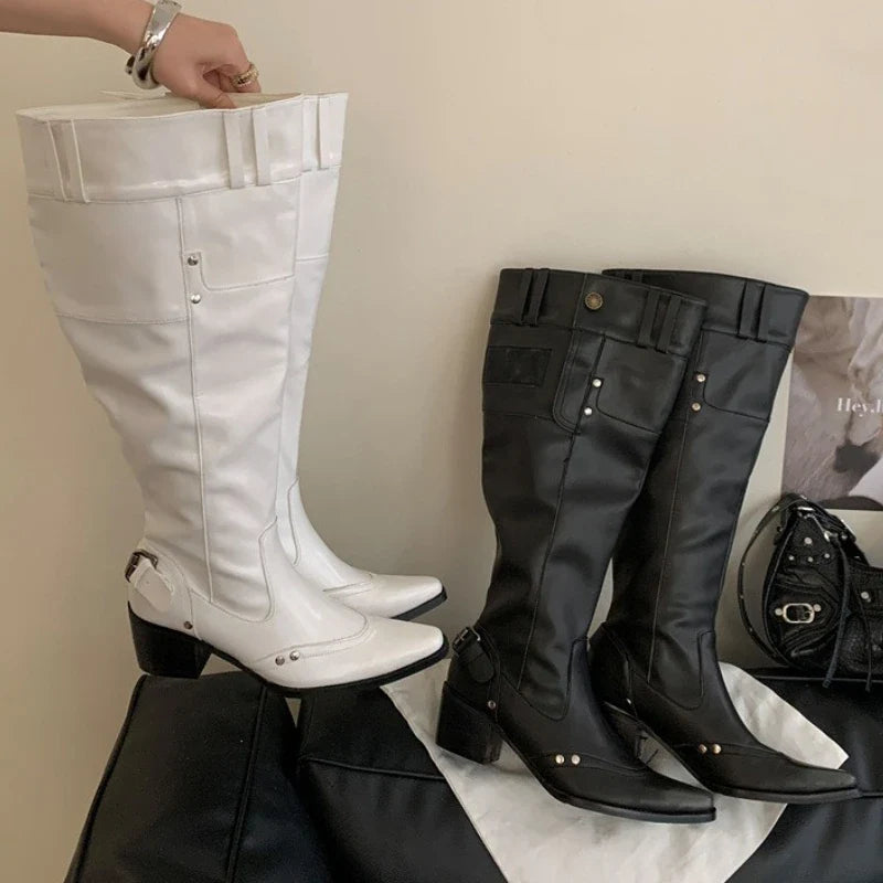 Rivet Belt Buckle Pointed Toe Long Boots