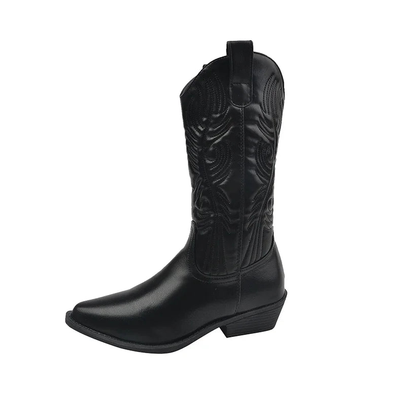 Black Chunky Heels Mid Calf Riding Boots