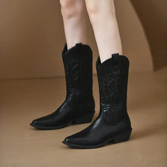 Black Chunky Heels Mid Calf Riding Boots