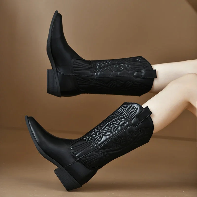 Black Chunky Heels Mid Calf Riding Boots